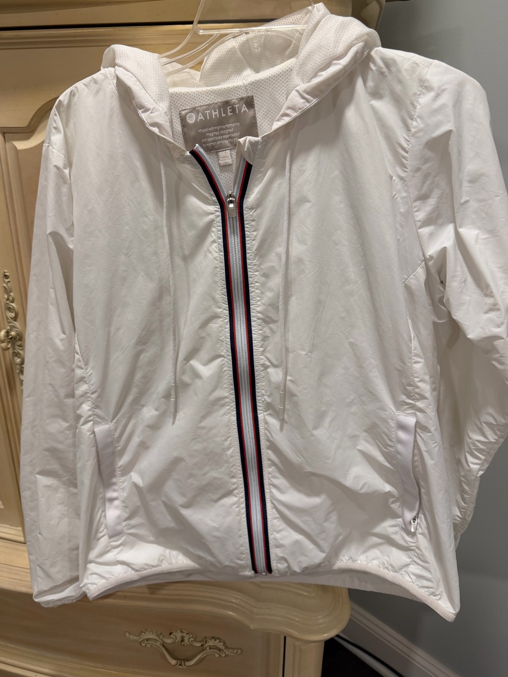Athleta White Hooded Windbreaker with Red & Navy Stripe